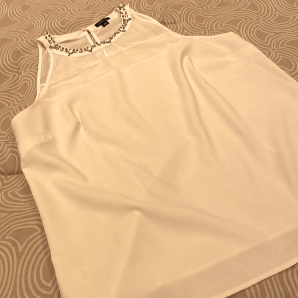 Ann Taylor top, sleeveless, cream colored, polyester, jeweled neckline, 12